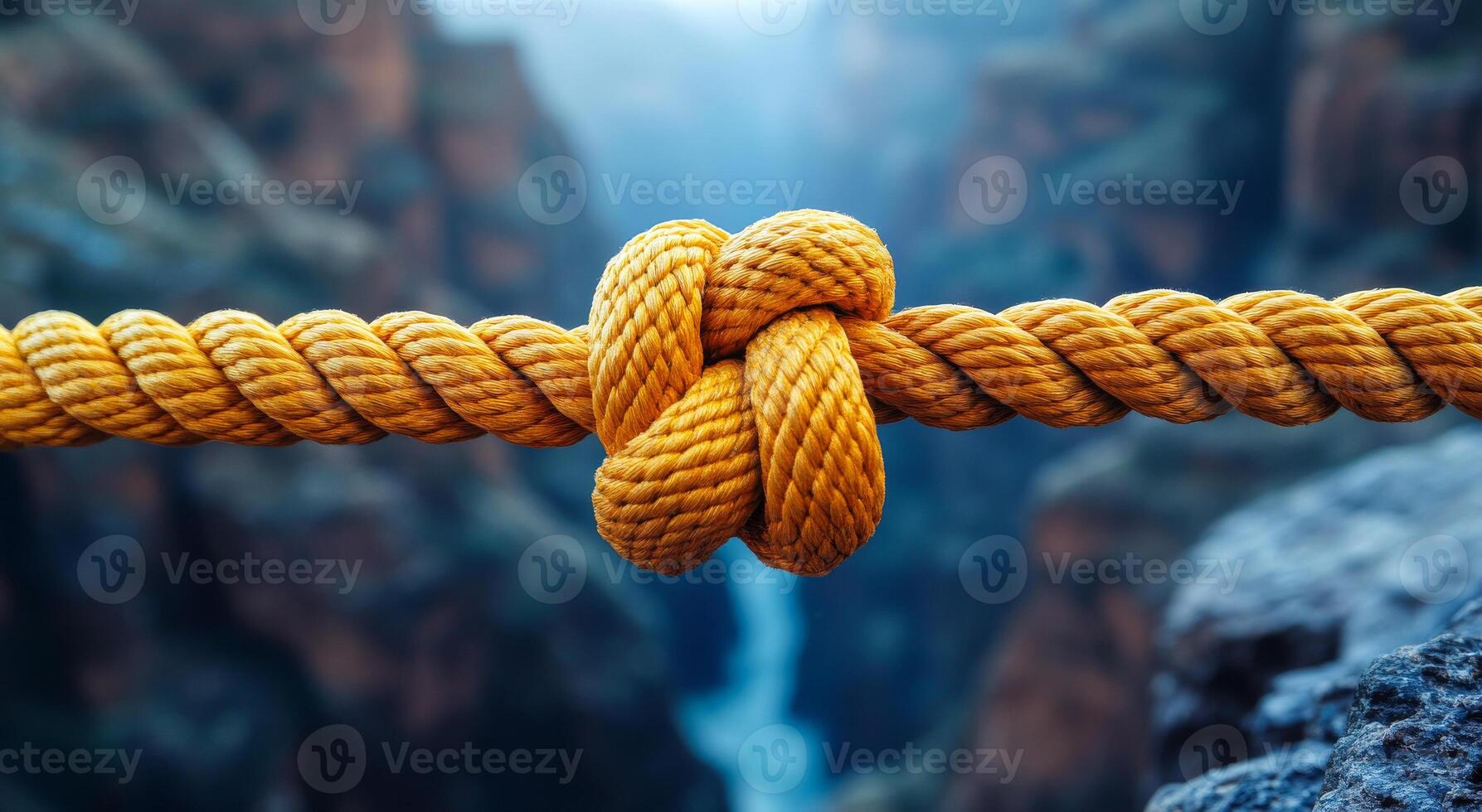 Knot tied on rope overlooking canyon. A close view of a bright yellow rope tied in a knot, hanging over a scenic canyon with a flowing river below. photo