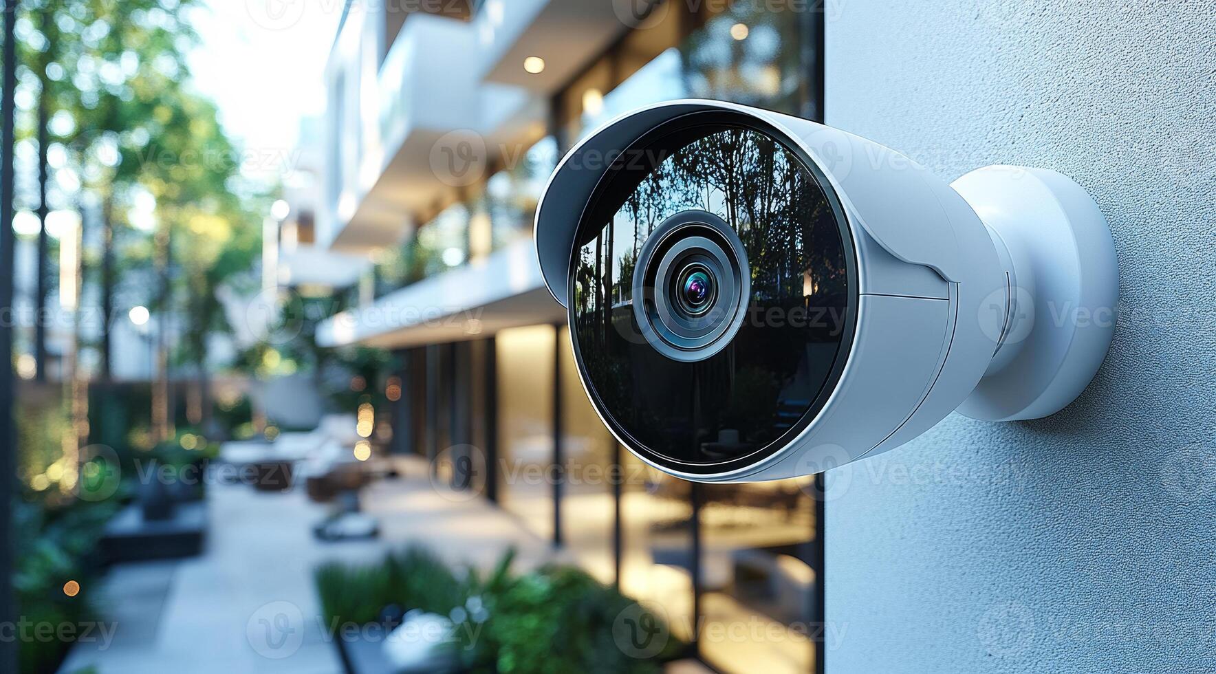 Modern building security camera. A wall-mounted security camera overlooks a landscaped outdoor area of a contemporary building in bright daylight. photo