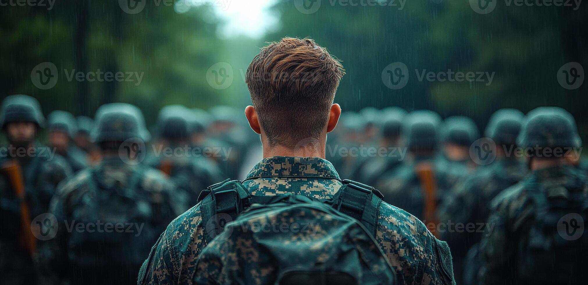 Troops training in the rain. A group of soldiers stands in formation, focusing on their instructor while rain falls around them during training. photo