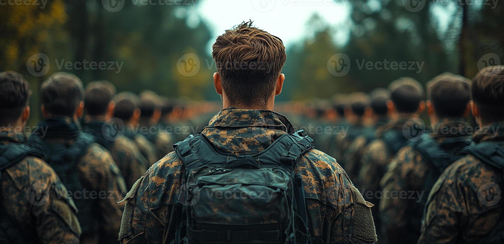Soldiers training in the forest. Group of soldiers stands in formation, ready for training in a dense forest during early morning hours. photo