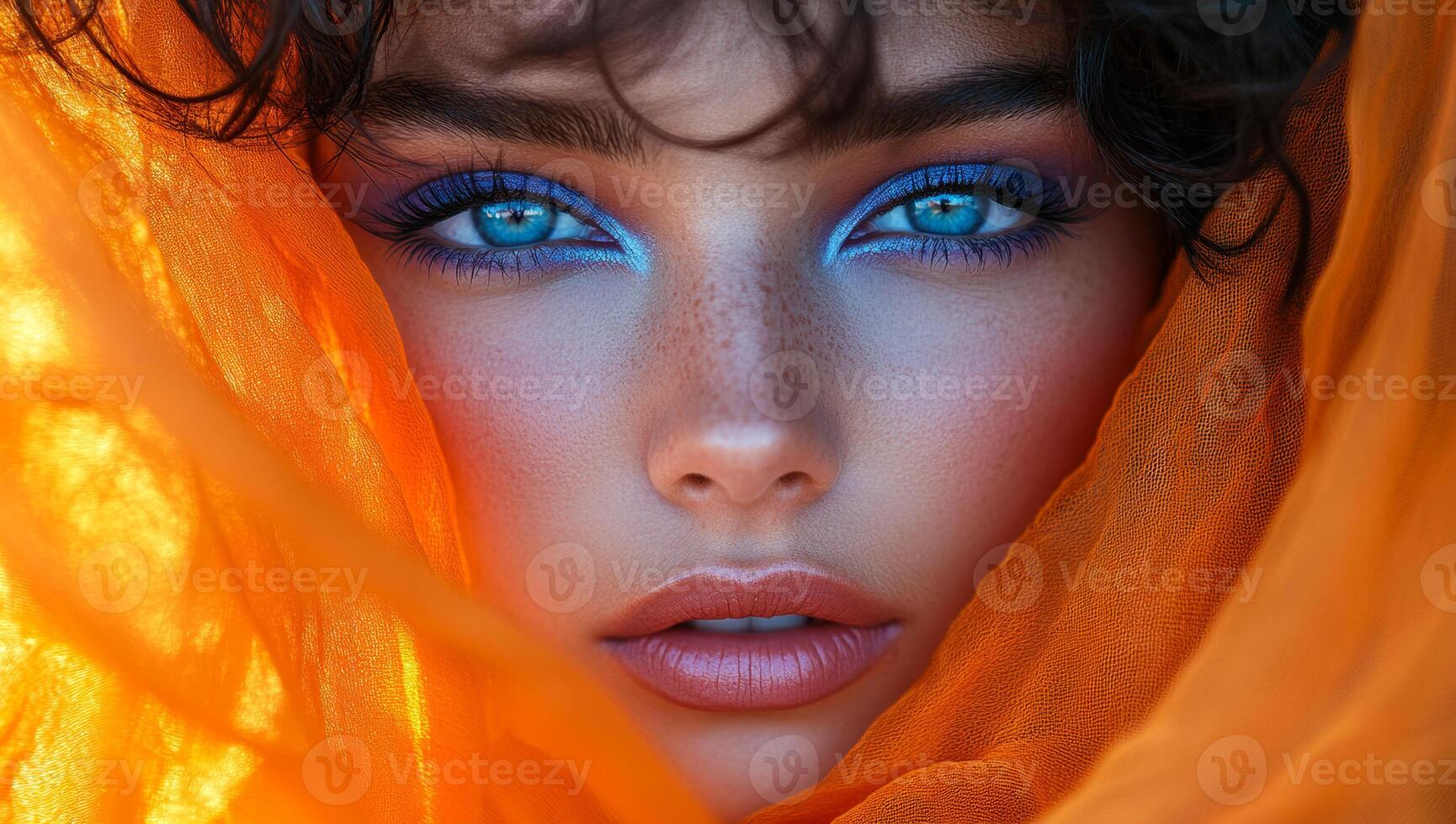 Model in bold orange makeup. A bold makeup model shines in flowing orange fabric, accentuating her captivating features. photo