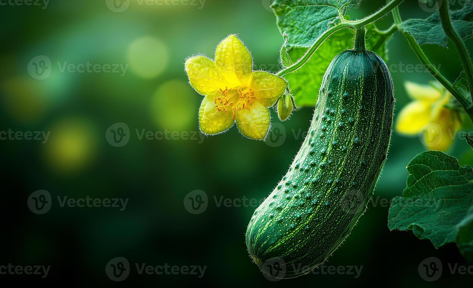 Cucumber near blooming flower. A vibrant cucumber grows alongside a yellow flower in a lush garden during spring, showcasing nature's bounty. photo
