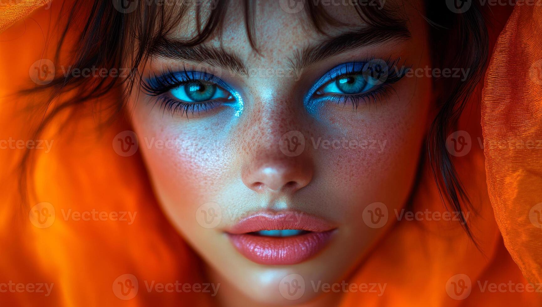 Stunning beauty with vivid eye makeup. Close-up of a woman with striking blue eye makeup and vibrant orange fabric, highlighting her unique features and style. photo