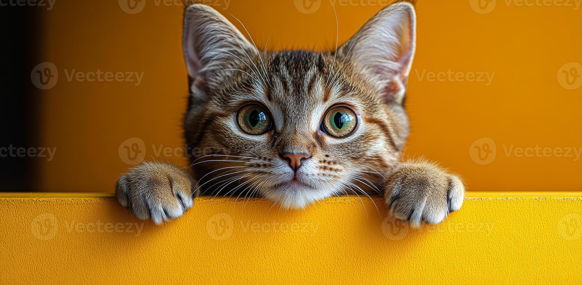 Curious kitten peeking over a ledge. A playful kitten with striking green eyes peeks over a bright yellow surface, showing curiosity and charm. photo