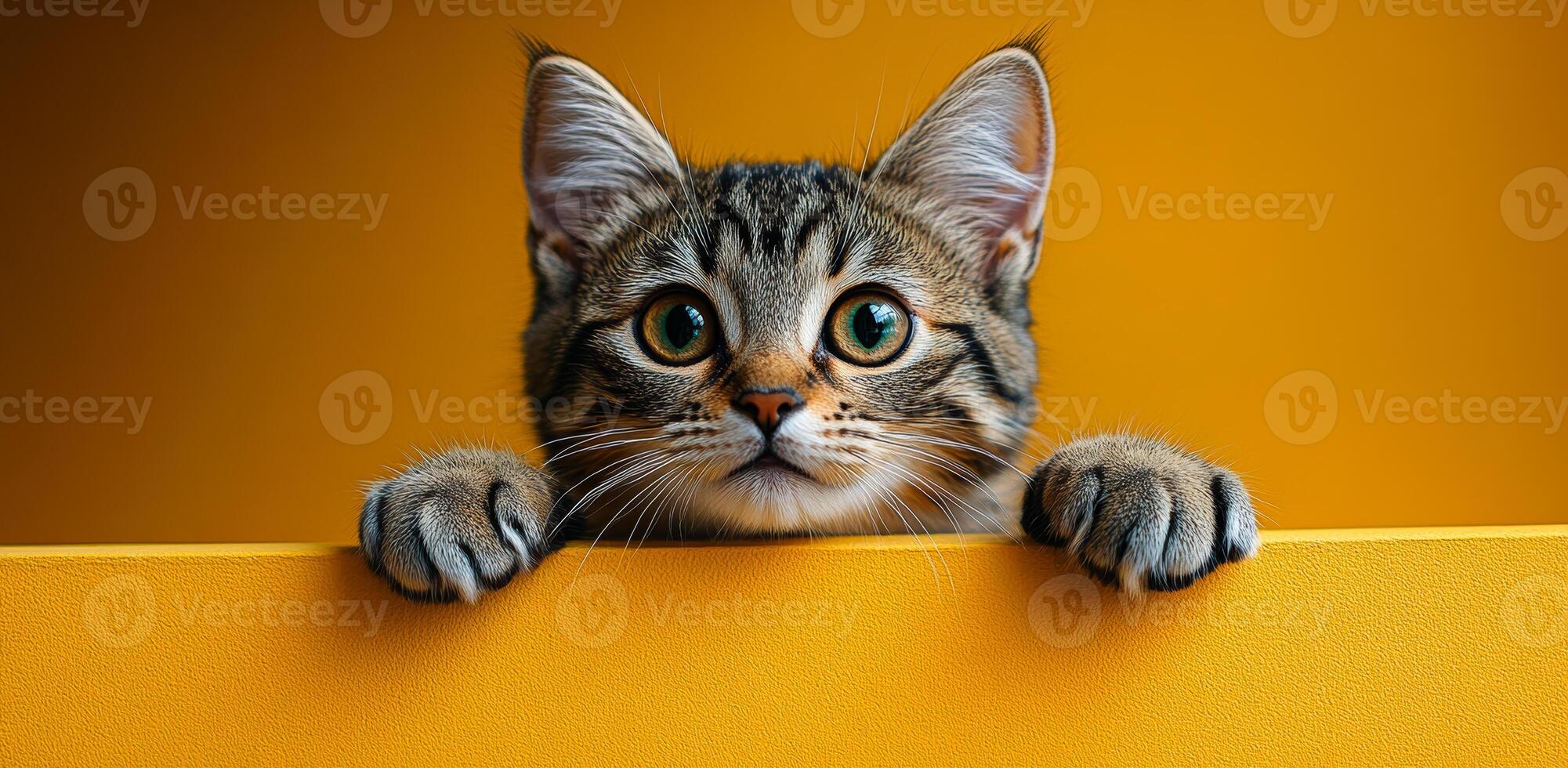 Curious cat peeking over a barrier. A striped cat curiously peeks over a smooth yellow surface, displaying its attentive gaze and soft paws. photo