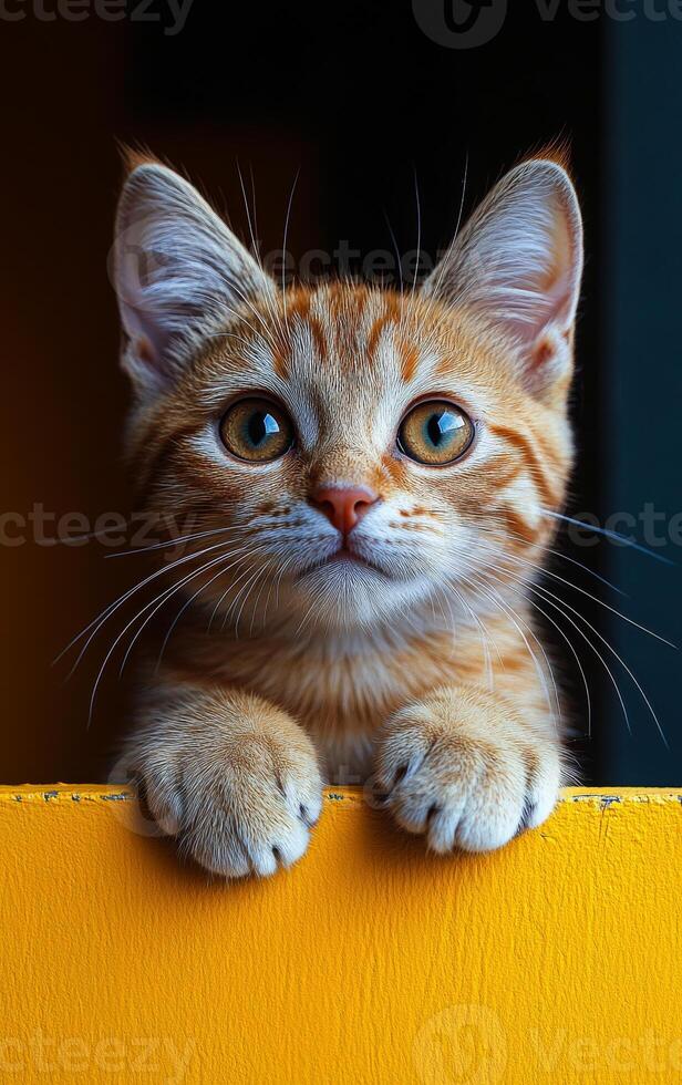 Curious orange kitten indoors. A curious orange kitten with striking eyes rests its paws on a bright yellow surface inside a cozy room. photo