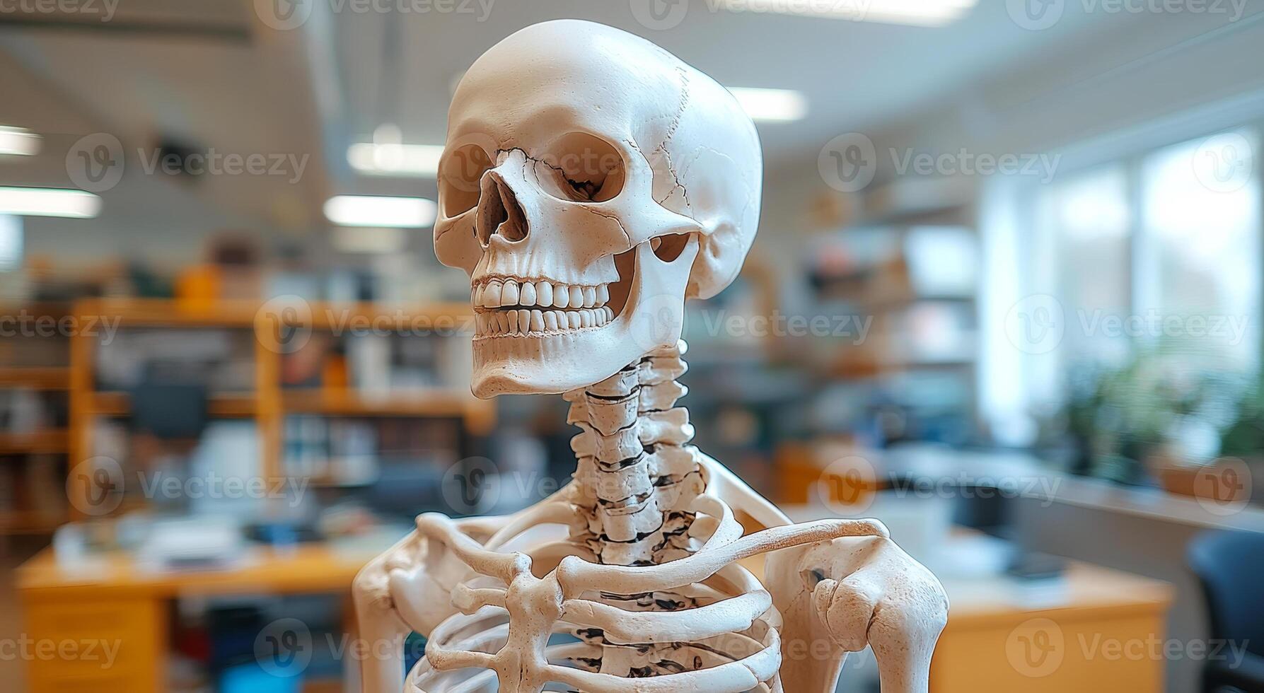 Educational skeleton model in classroom. A detailed human skeleton model is displayed in a classroom, showcasing structure for educational purposes. photo