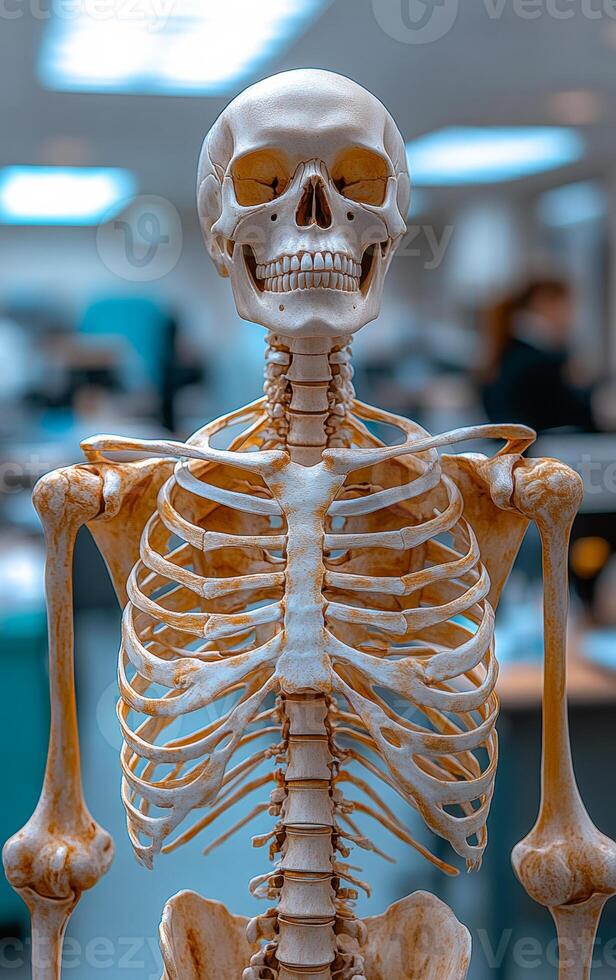 Classroom skeleton model. A detailed skeleton model stands in a classroom setting, used for anatomy lessons and medical studies by students. photo