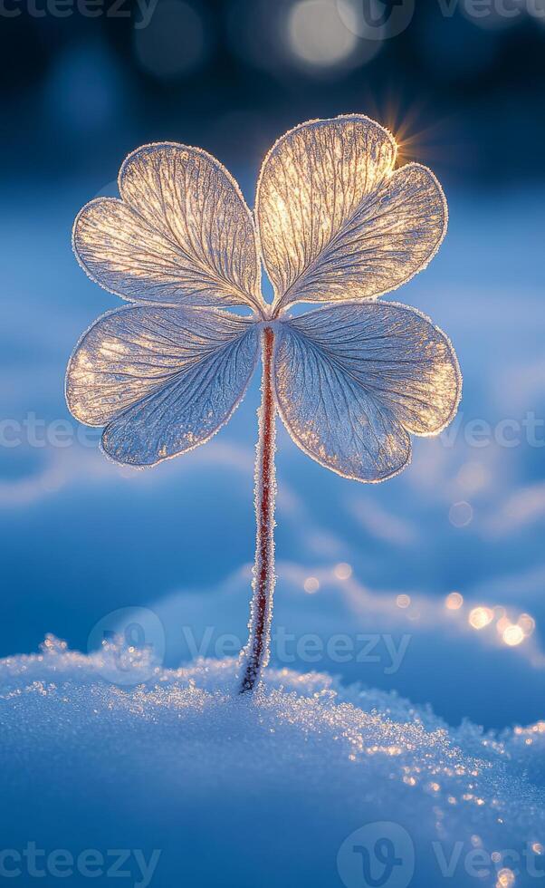 Winter sunlight on frosty clover. A delicate clover stands tall in the snow, glimmering in the soft sunlight, showcasing nature's beauty in winter. photo