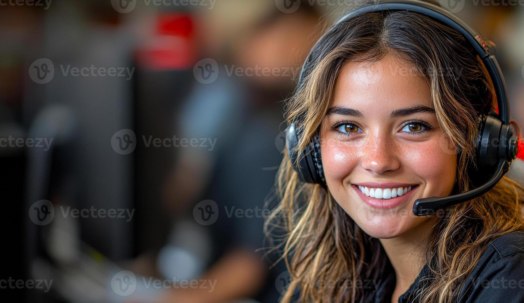 Happy woman at call center. A friendly woman in a headset assists customers in a bustling call center. photo
