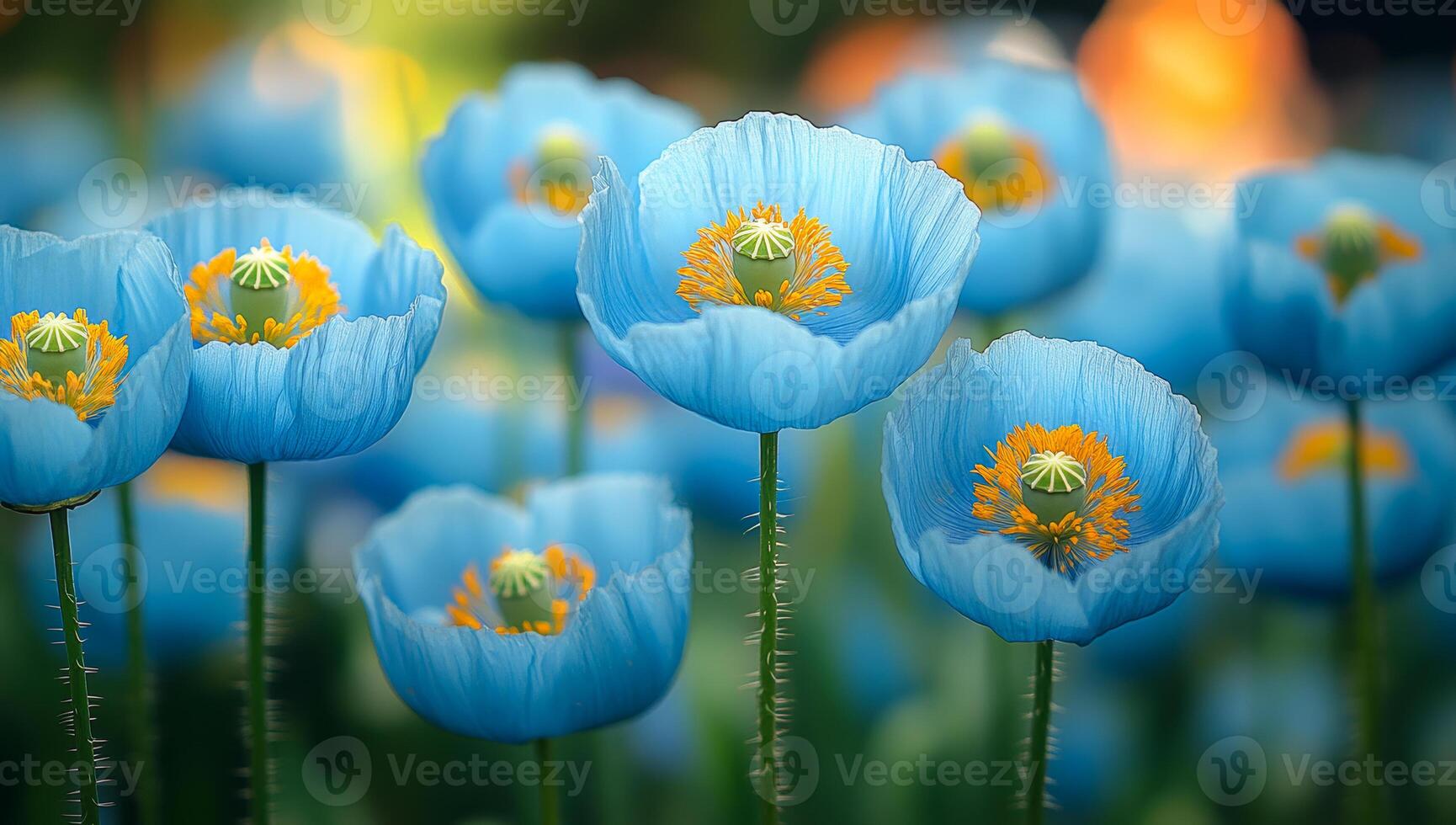 Blue flowers blooming. Bright blue flowers with orange centers stand tall in a vibrant garden during spring, showcasing nature's beauty. photo
