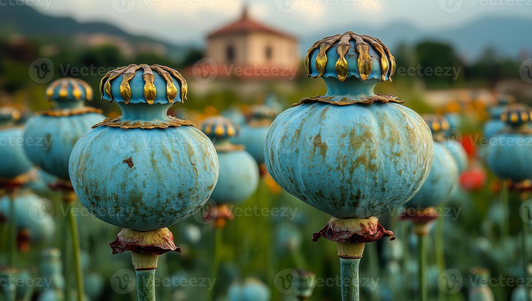 Blue poppy pods in a field. Vibrant blue poppy seed pods stand tall in a lush field, with a historic building in the background under a clear sky. photo