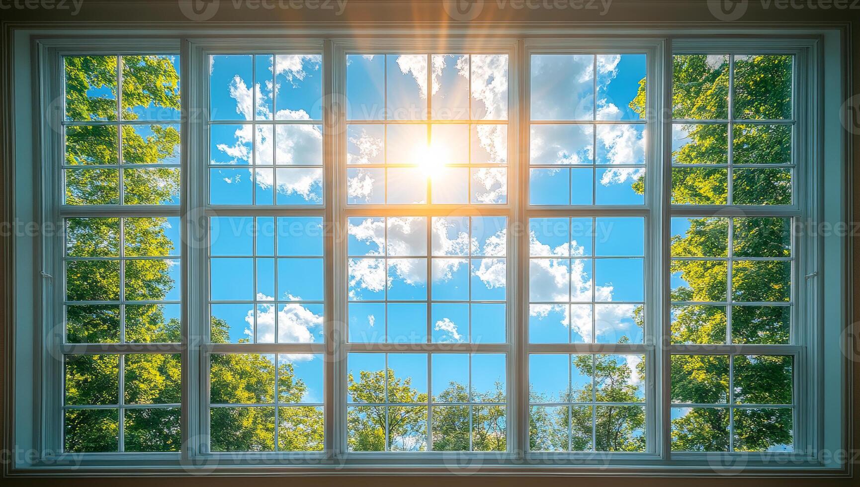 Bright sunshine through a large window. Sunlight streams through a large window, illuminating the room with vibrant colors and scenic outdoor views. photo