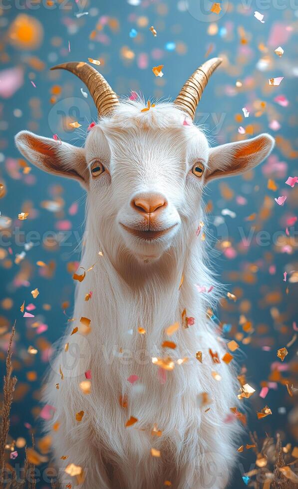 Cheerful goat in bright confetti. A cheerful goat stands proudly amidst falling confetti, creating a festive atmosphere filled with joy and celebration. photo