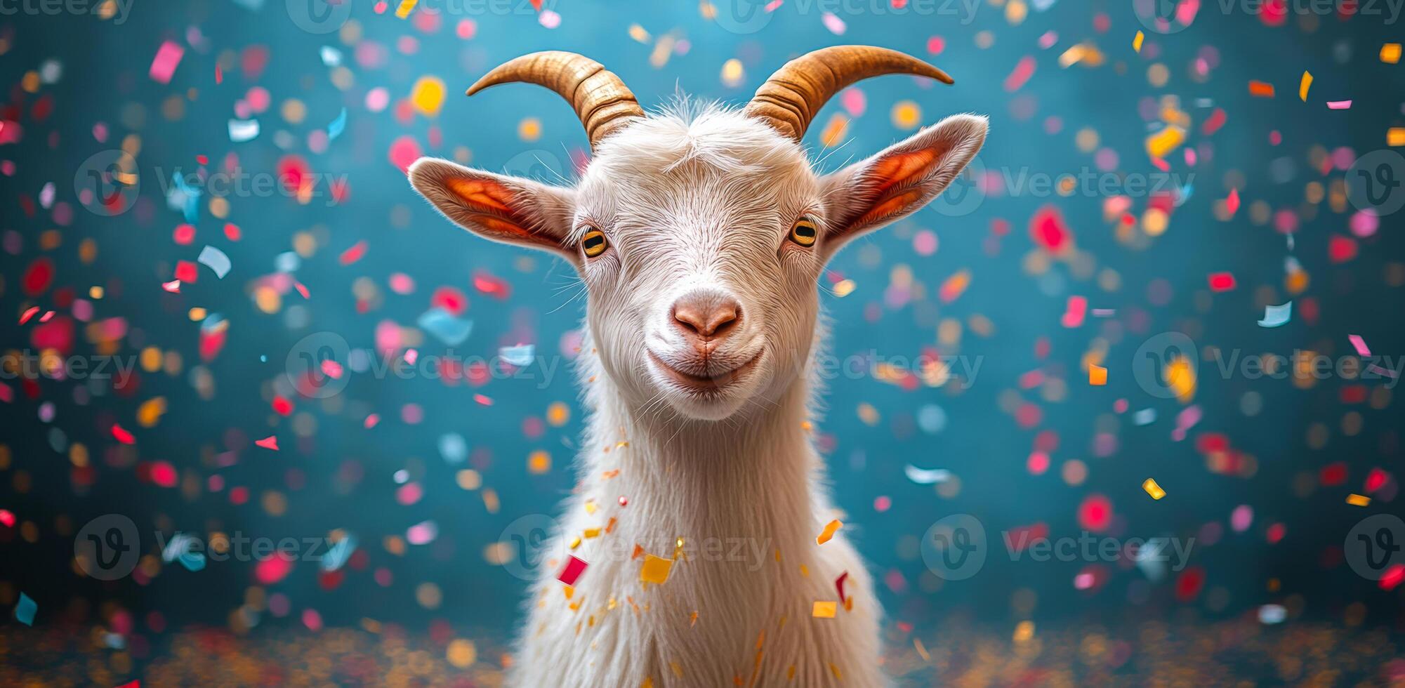 Goat enjoys a confetti shower. A goat stands joyfully amid a vibrant shower of confetti, creating a festive atmosphere during a celebration. photo