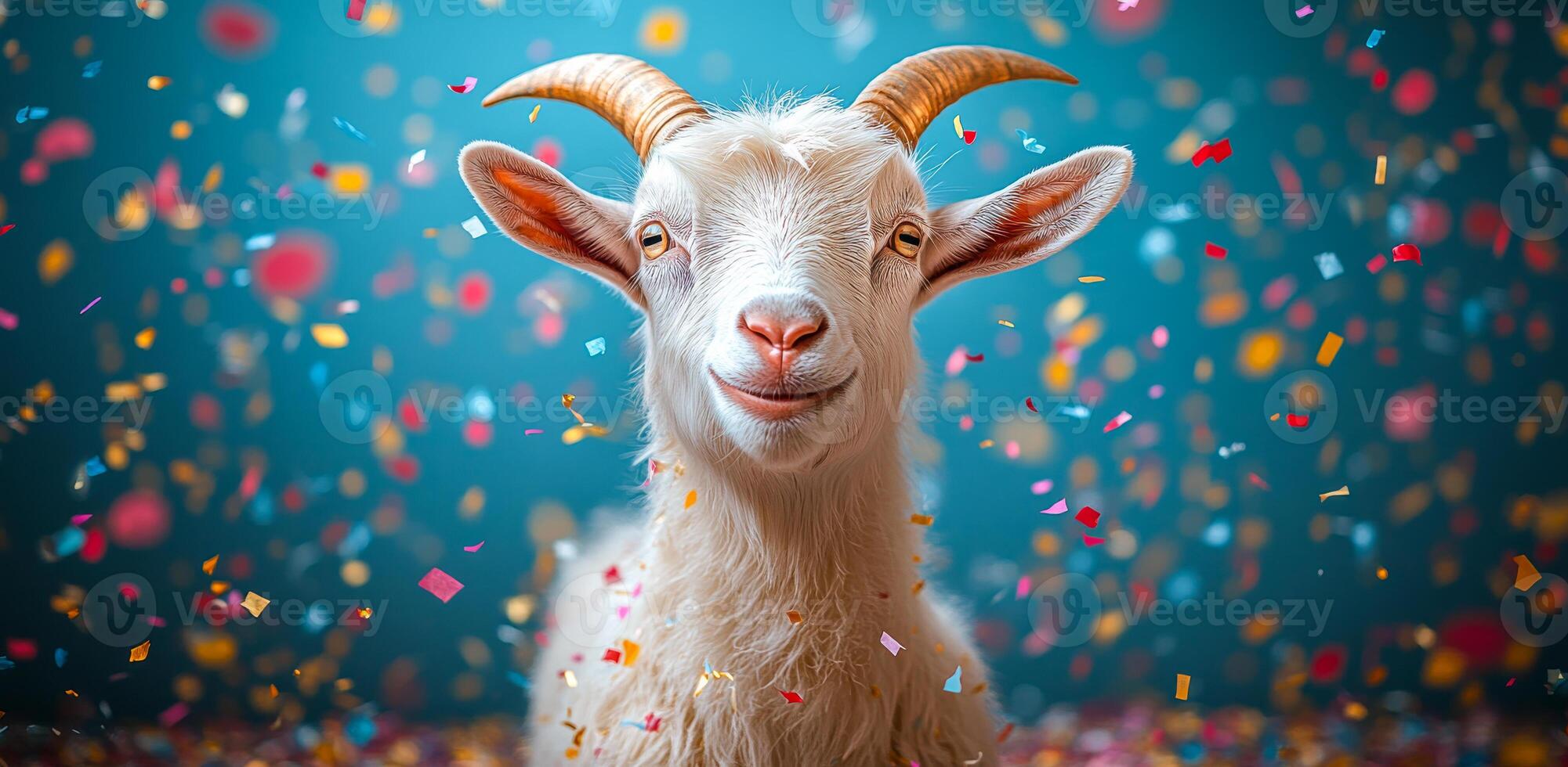 Goat celebrates with colorful confetti. A cheerful goat stands against a bright background, surrounded by falling confetti, creating a festive atmosphere. photo