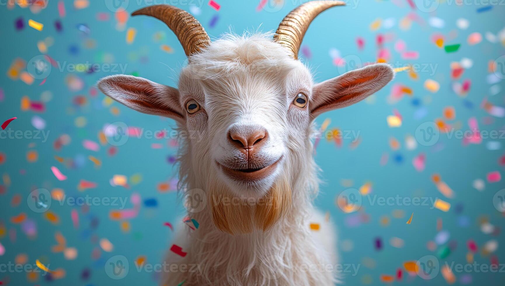 Goat rejoices with confetti. A cheerful goat stands against a blue background, surrounded by vibrant confetti falling all around. photo