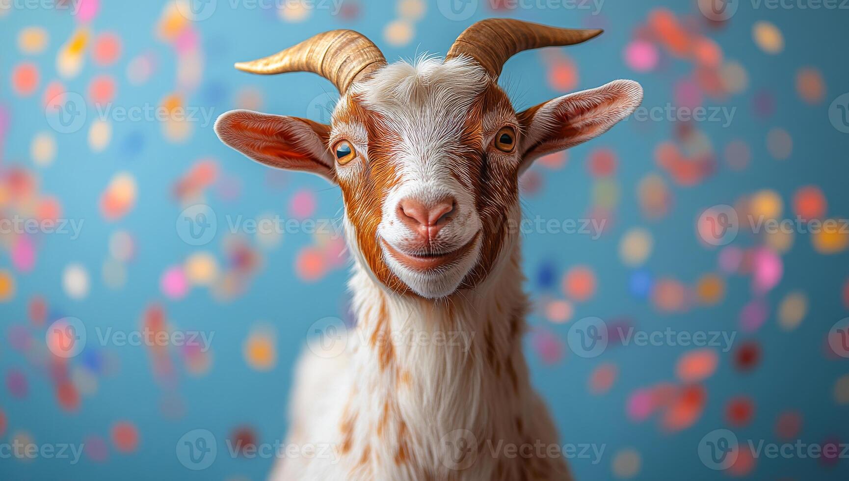Goat grins by bright confetti. A cheerful goat poses against a backdrop of vibrant confetti, showcasing its playful personality and charm. photo