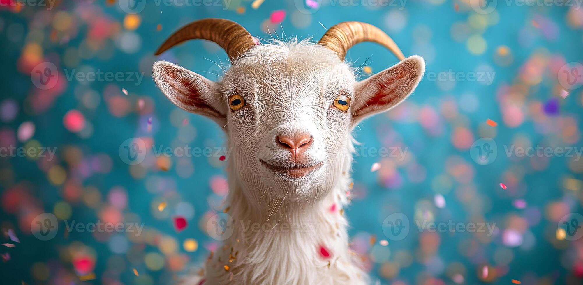 Joyful goat with bright confetti. A goat with fluffy white fur and curved horns enjoys a festive atmosphere filled with colorful confetti falling around. photo