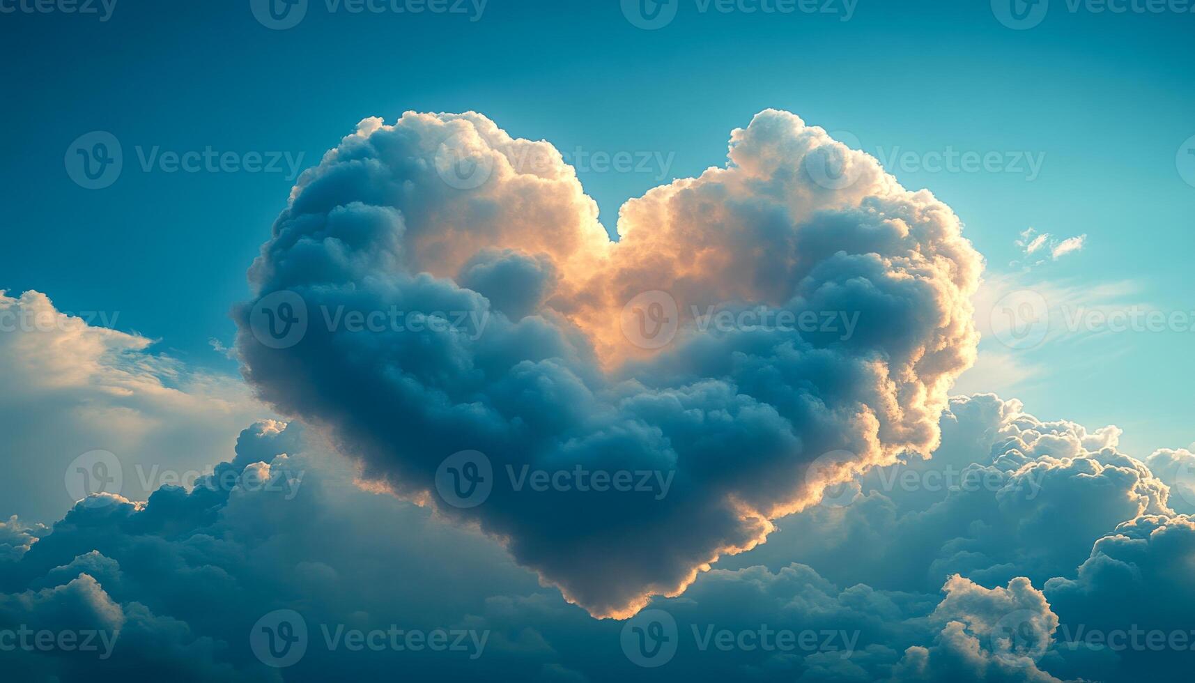 Heart clouds at sunset. A vibrant sunset illuminates heart-shaped clouds, creating a romantic atmosphere in the evening sky. photo