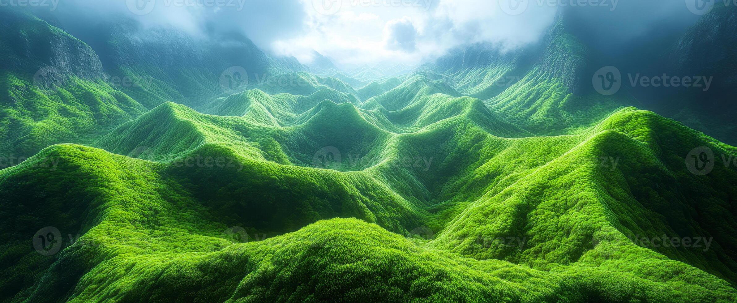 Lush green hills under a dramatic sky. Rolling green hills create a serene landscape, illuminated by soft light and surrounded by misty mountains. photo