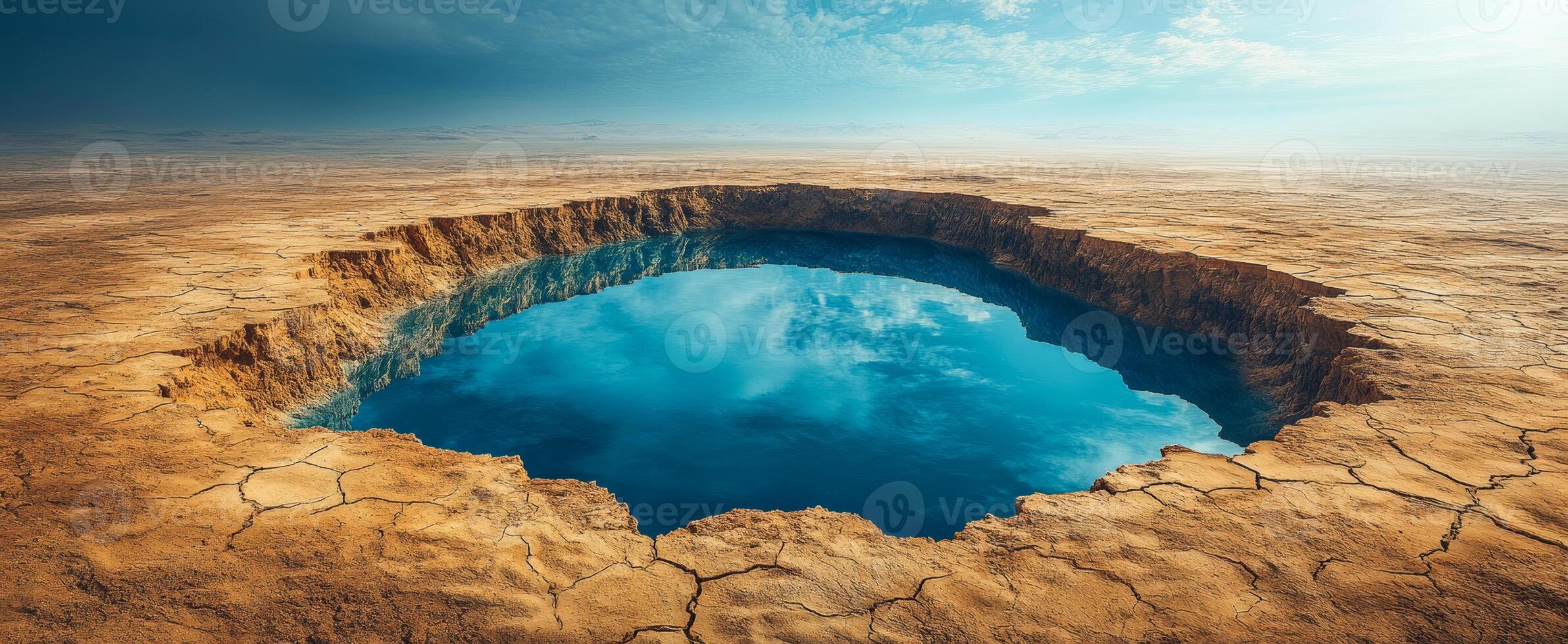 Odd water-filled crater. A striking water-filled crater reflects clouds in a barren, cracked earth landscape under a clear blue sky. photo