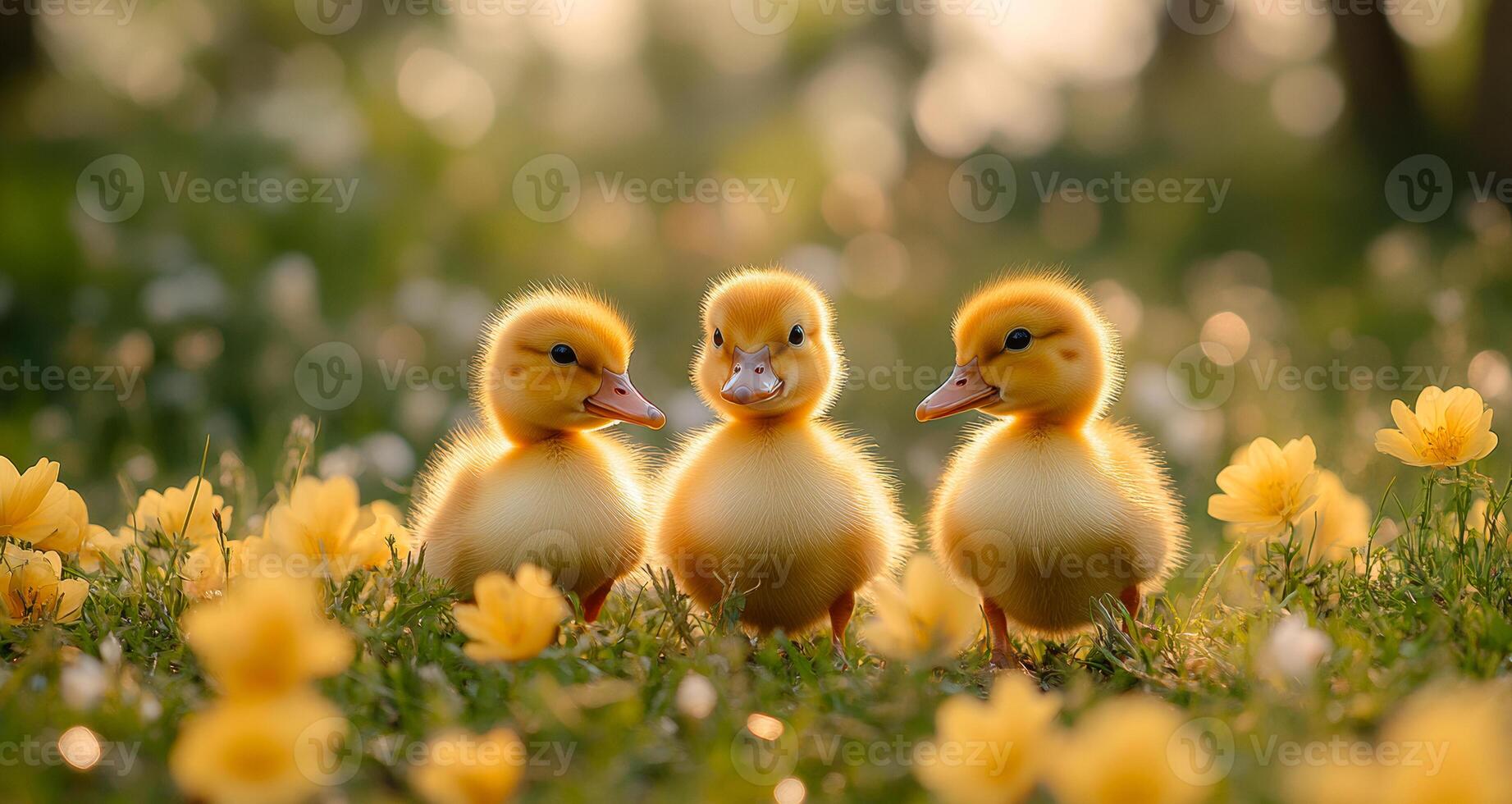 Three ducklings exploring a flower field. Three fluffy yellow ducklings wander through a colorful field of blooming flowers during a sunny afternoon. photo