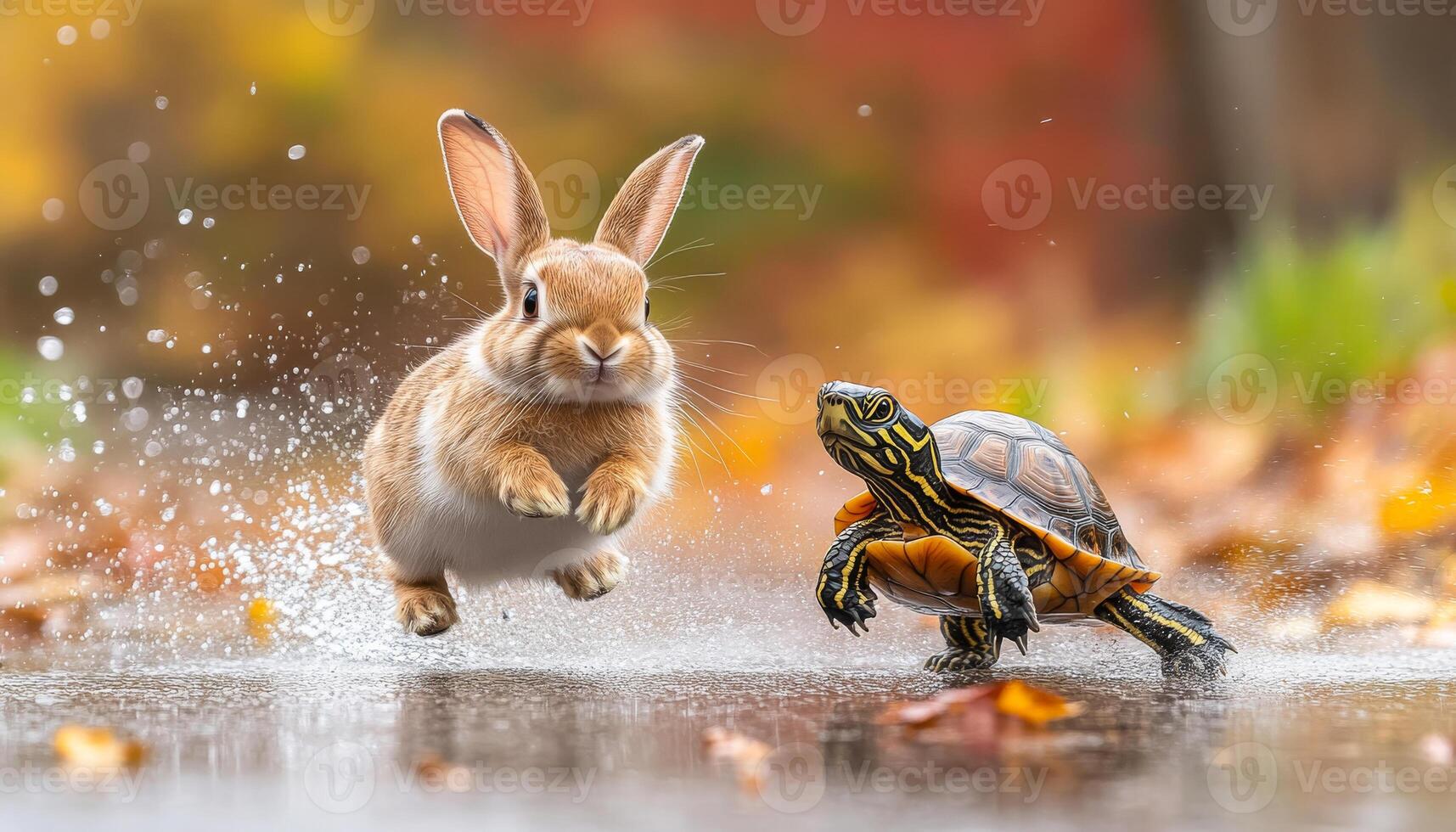 Rabbit and turtle splash leaves. A rabbit jumps over puddles while a turtle walks nearby in a vibrant autumn scene with colorful leaves. photo