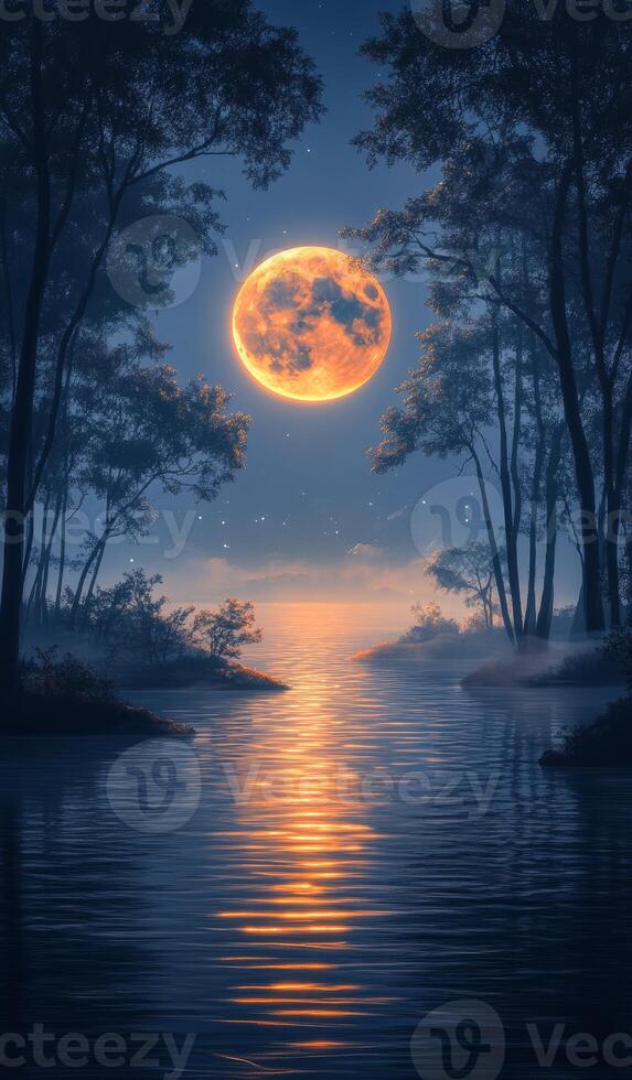 Moonlit river at night. A bright full moon illuminates a serene river, surrounded by trees, creating a magical nighttime atmosphere. photo