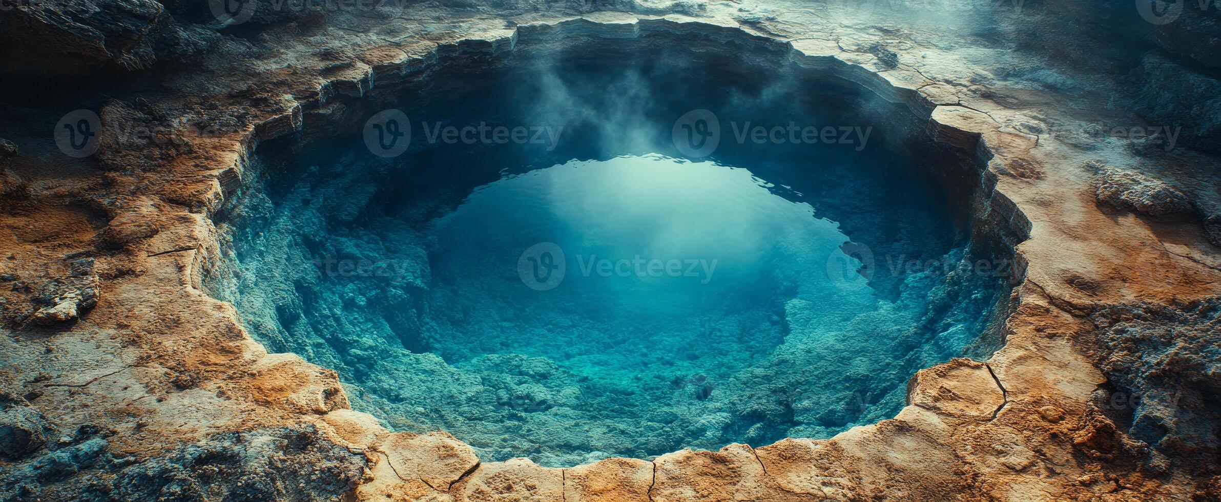 Sunrise hot springs in nature. Steam rises from the clear waters of a hot spring surrounded by rocky terrain in the early morning light. photo