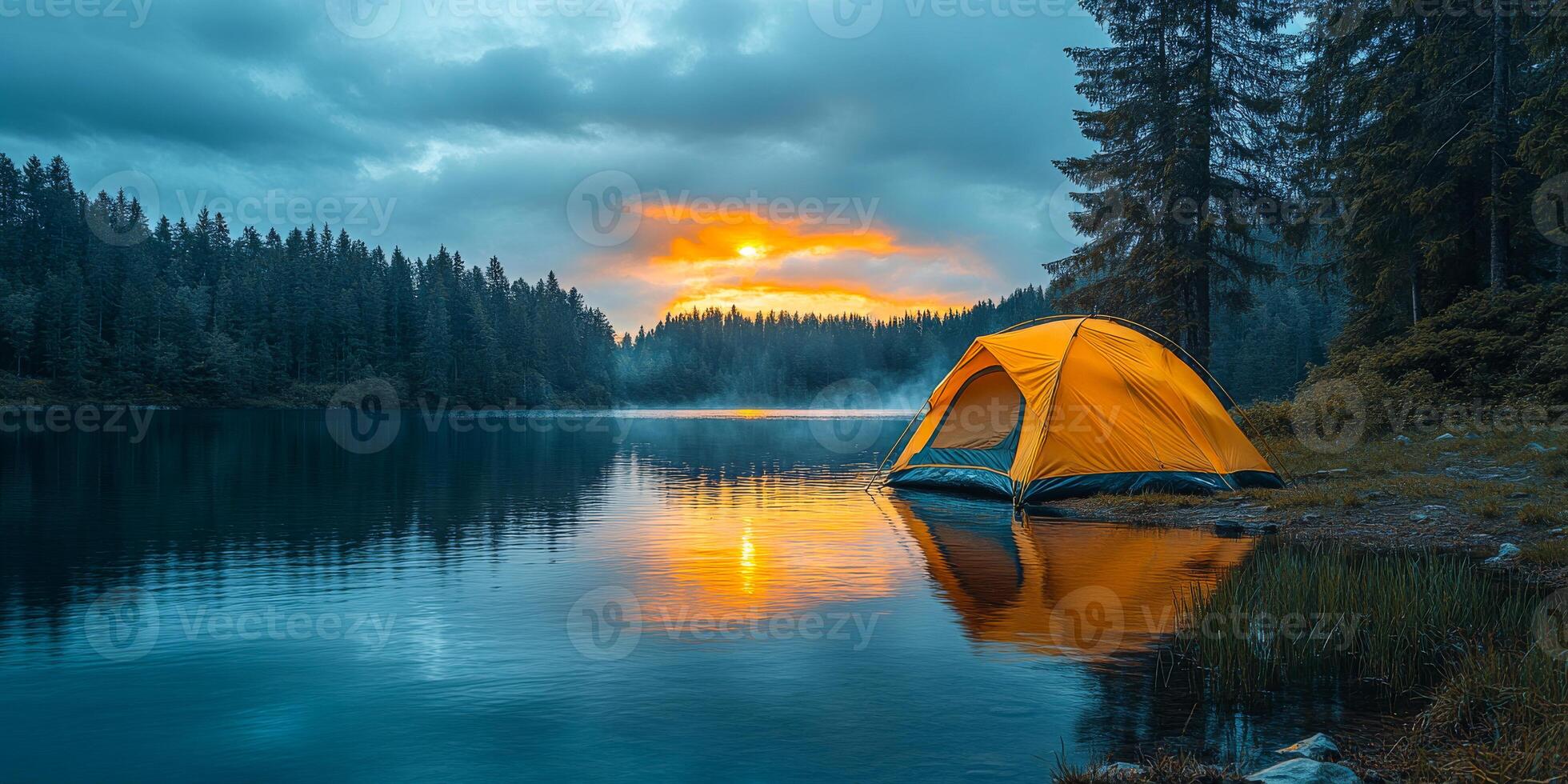 Peaceful sunset at a lakeside campsite. A vibrant orange tent sits at the edge of a calm lake during sunset, surrounded by tall trees and wispy clouds. photo