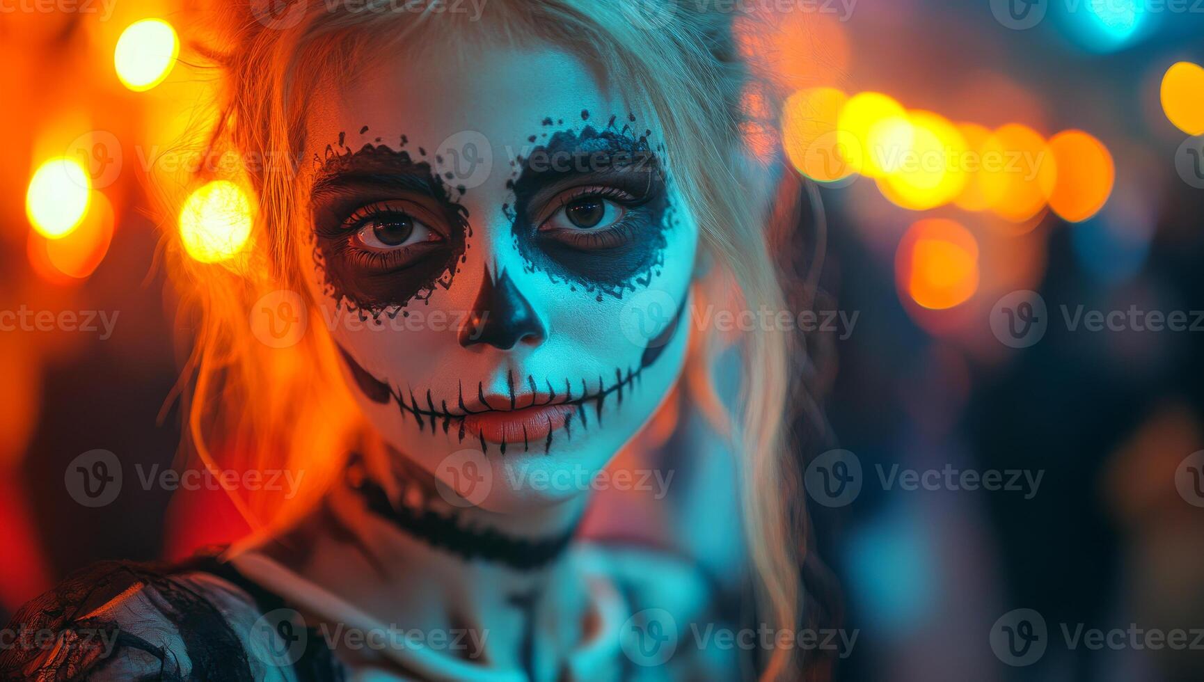 Skeleton makeup at a festival. A woman wears intricate skull makeup, surrounded by colorful lights and people during a lively celebration. photo