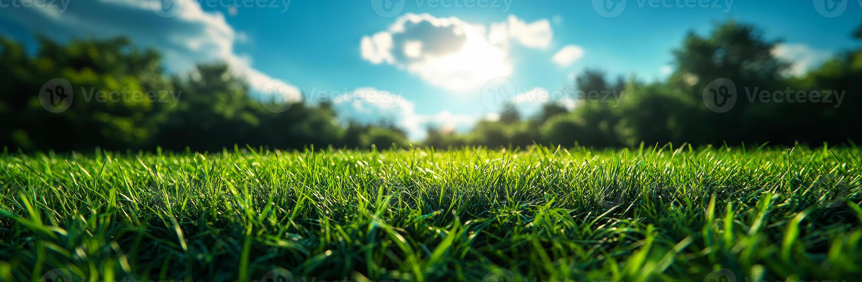 Sunlight illuminating a grassy field. Vibrant green grass stretches across the field, bathed in sunlight with clouds drifting overhead during the day. photo
