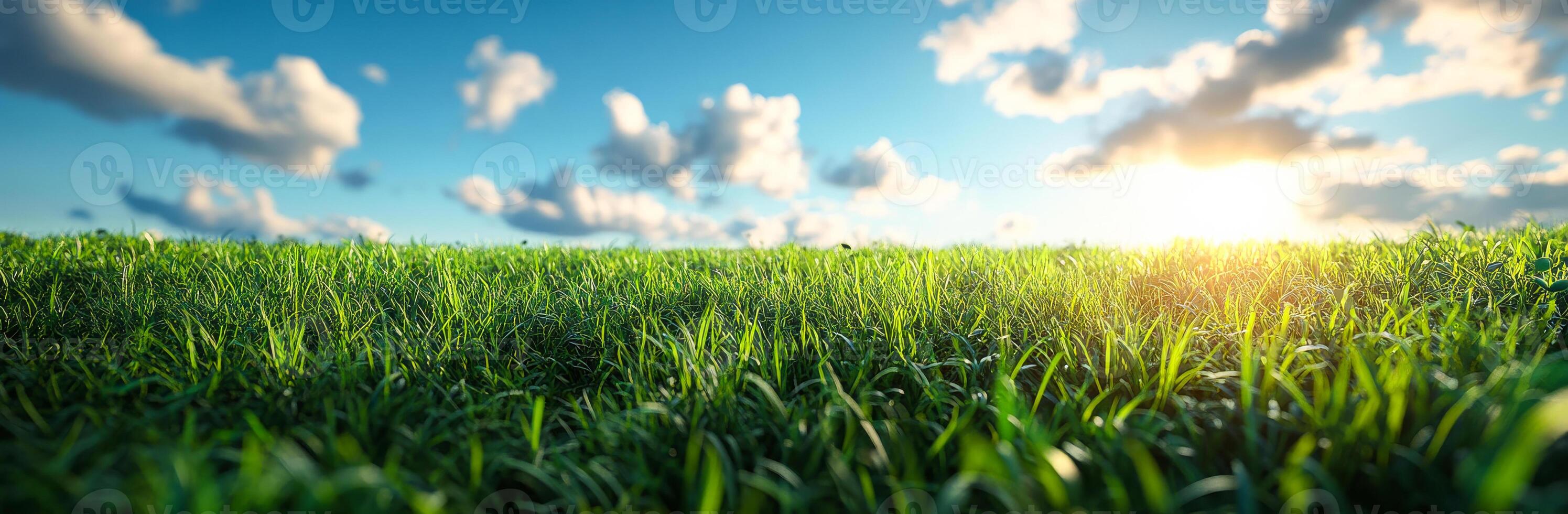 Green grass under a clear blue sky. Sunlight shines over a sunny field of green grass with a few fluffy clouds in the bright blue sky. photo