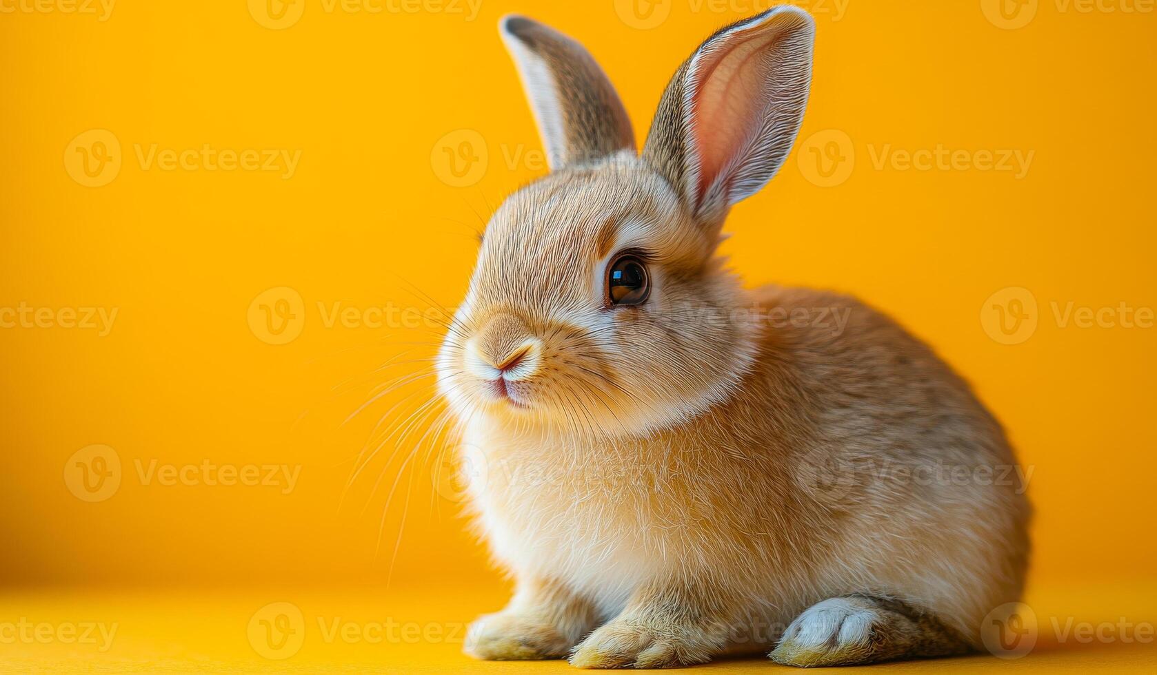 Rabbit on yellow backdrop. A fluffy rabbit with big ears sits against a bright yellow backdrop, highlighting its soft fur and curious look. photo