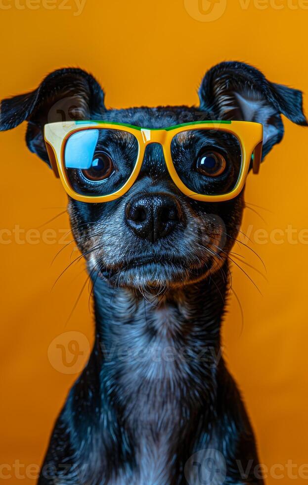 Dog in trendy shades. A black dog with glasses poses confidently against a bright orange backdrop, showing its playful side. photo