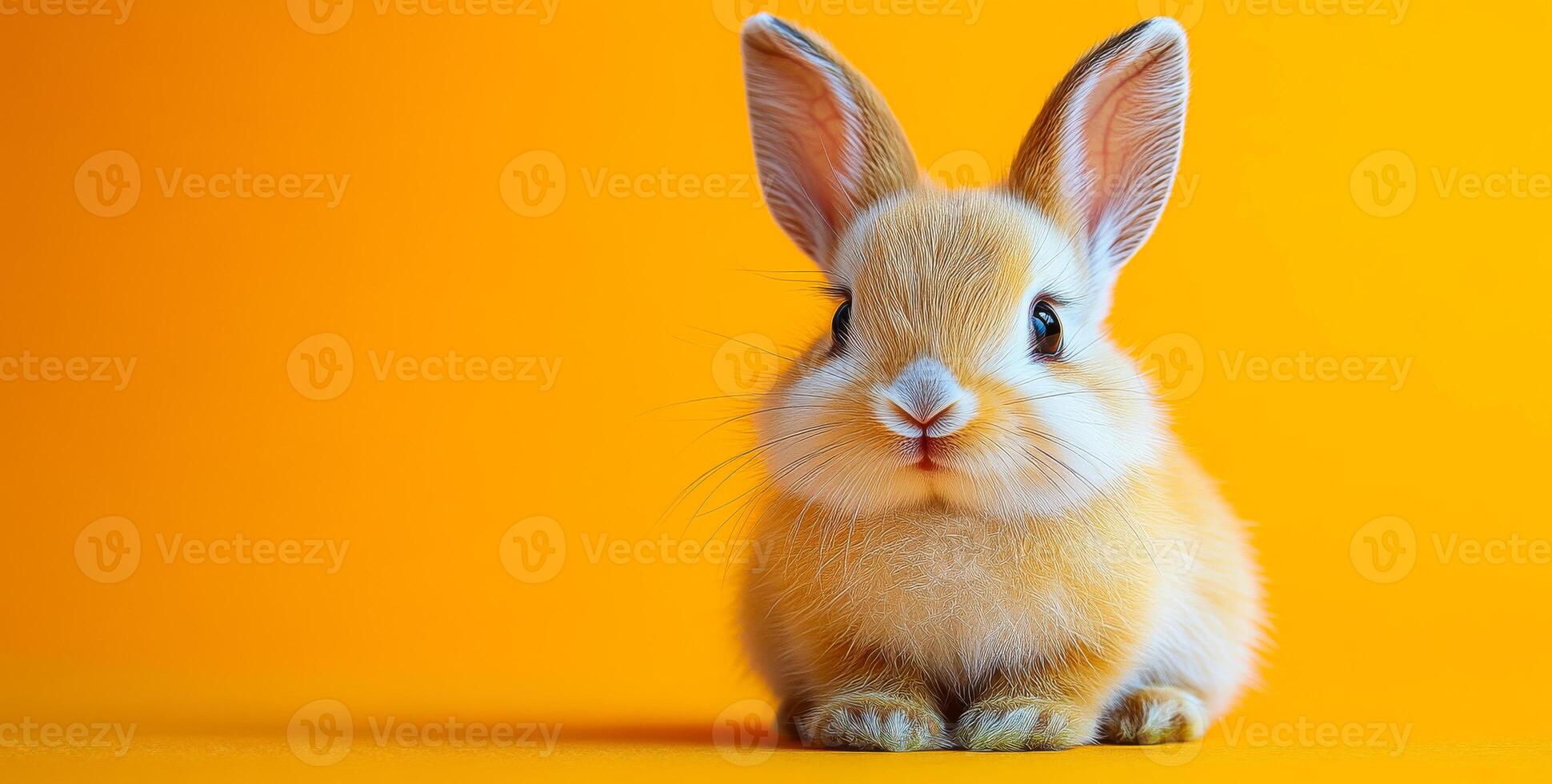 Rabbit on bright yellow bg. A fluffy rabbit sits quietly against a bright yellow background, showcasing its soft fur and curious expression. photo