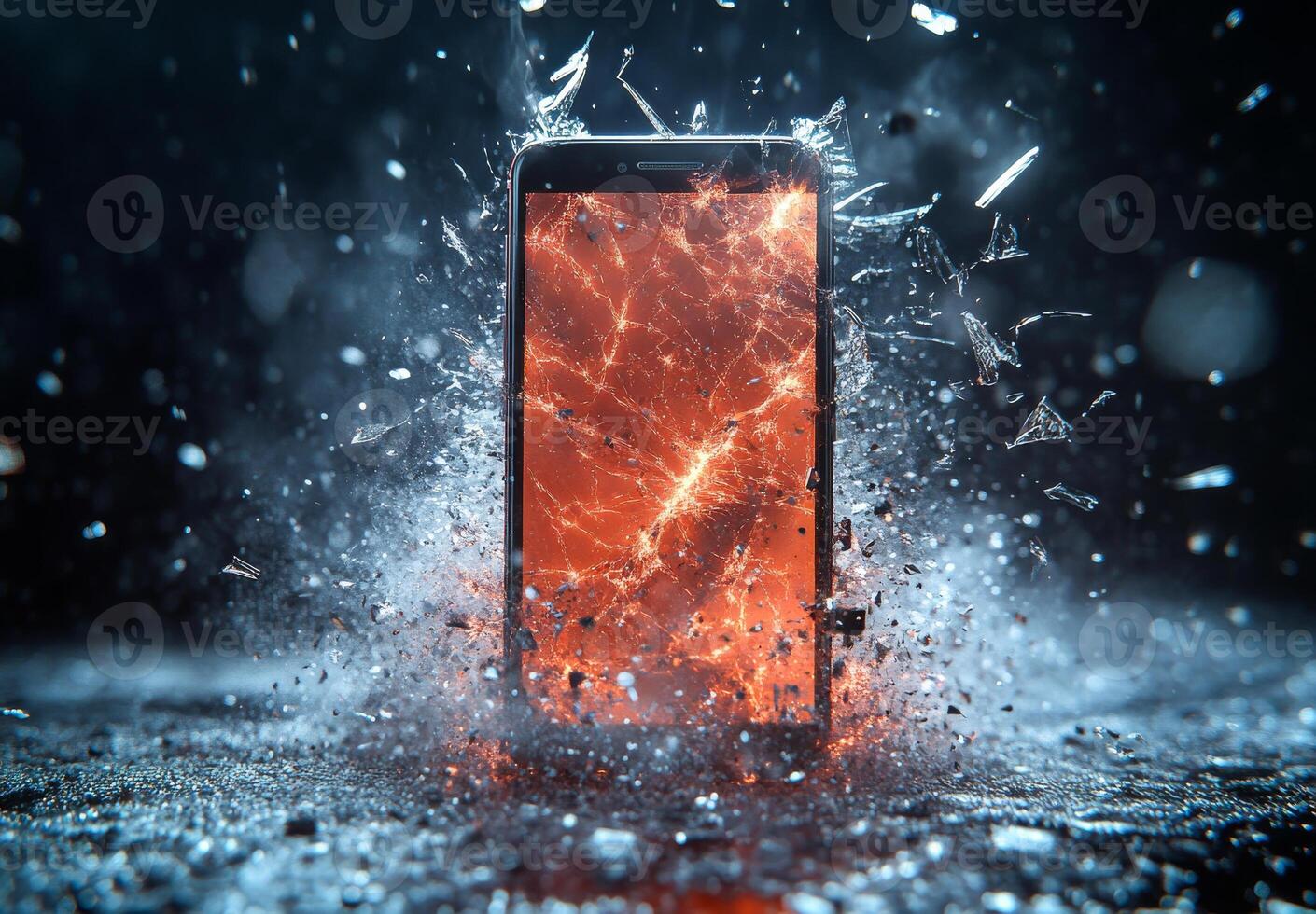 Phone shatters in explosion. A smartphone is exploding with shards of glass scattering around, creating an impactful visual effect in low light. photo