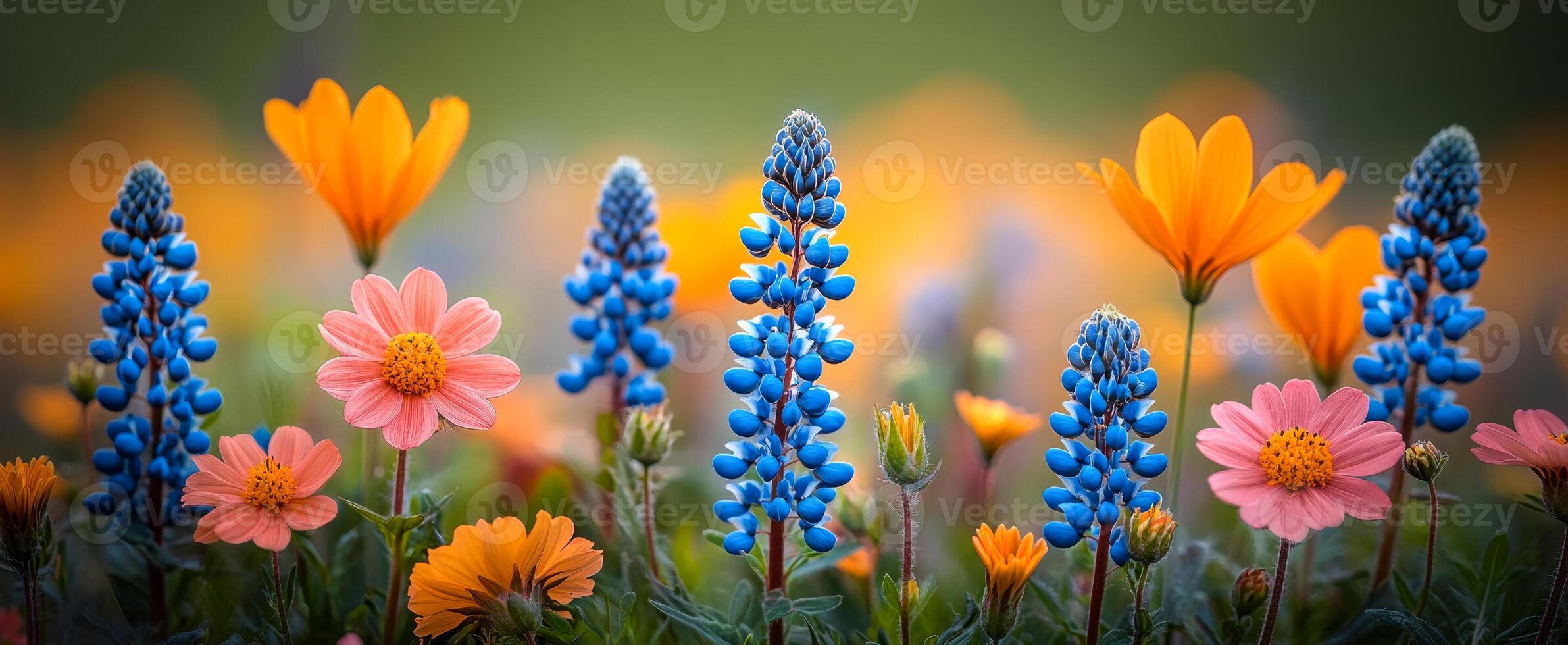 Bright flowers fill the garden. A variety of flowers in bright colors bloom together in a lush garden, showcasing nature's beauty in springtime. photo