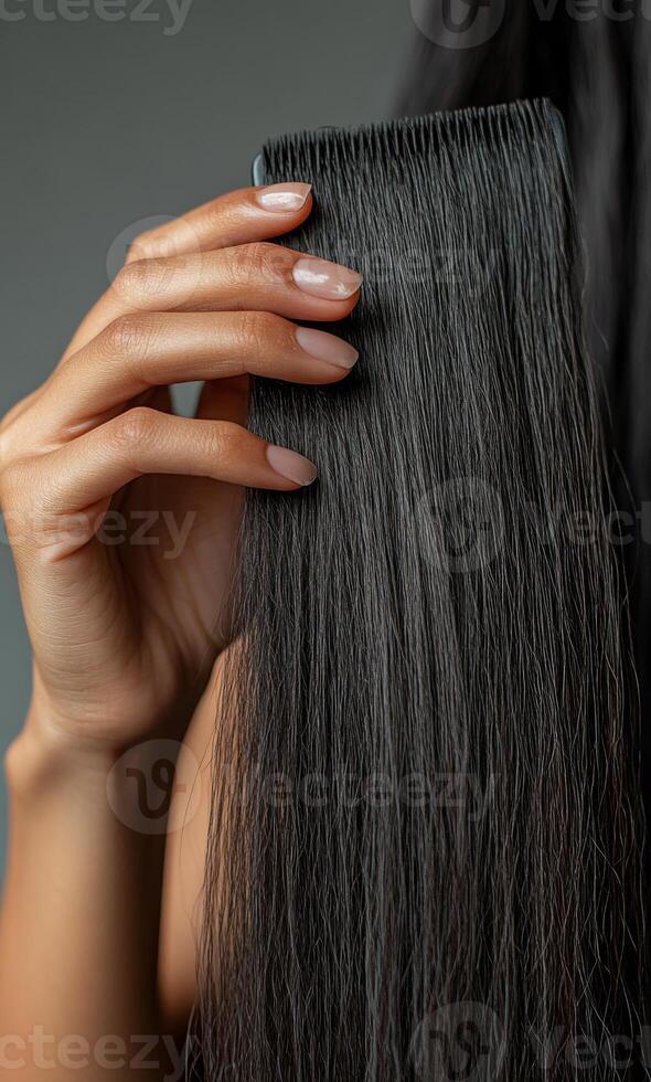 Modern hair styling tools in use. A person holds a long strand of straight hair, showcasing a hair extension for styling. The focus is on hair texture. photo