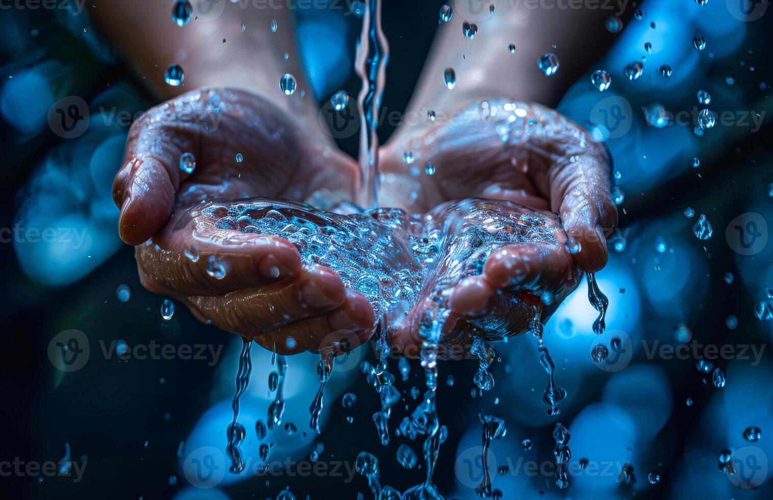 Capturing water droplets in human hands. Hands catch glistening water droplets falling from above, creating a tranquil moment in nature during a sunny day. photo
