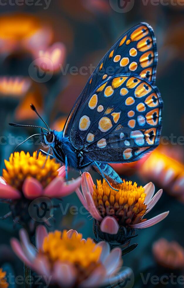 Colorful butterfly resting on flowers. A vibrant butterfly with intricate patterns sits on blooming flowers, showcasing nature's beauty in a garden setting. photo