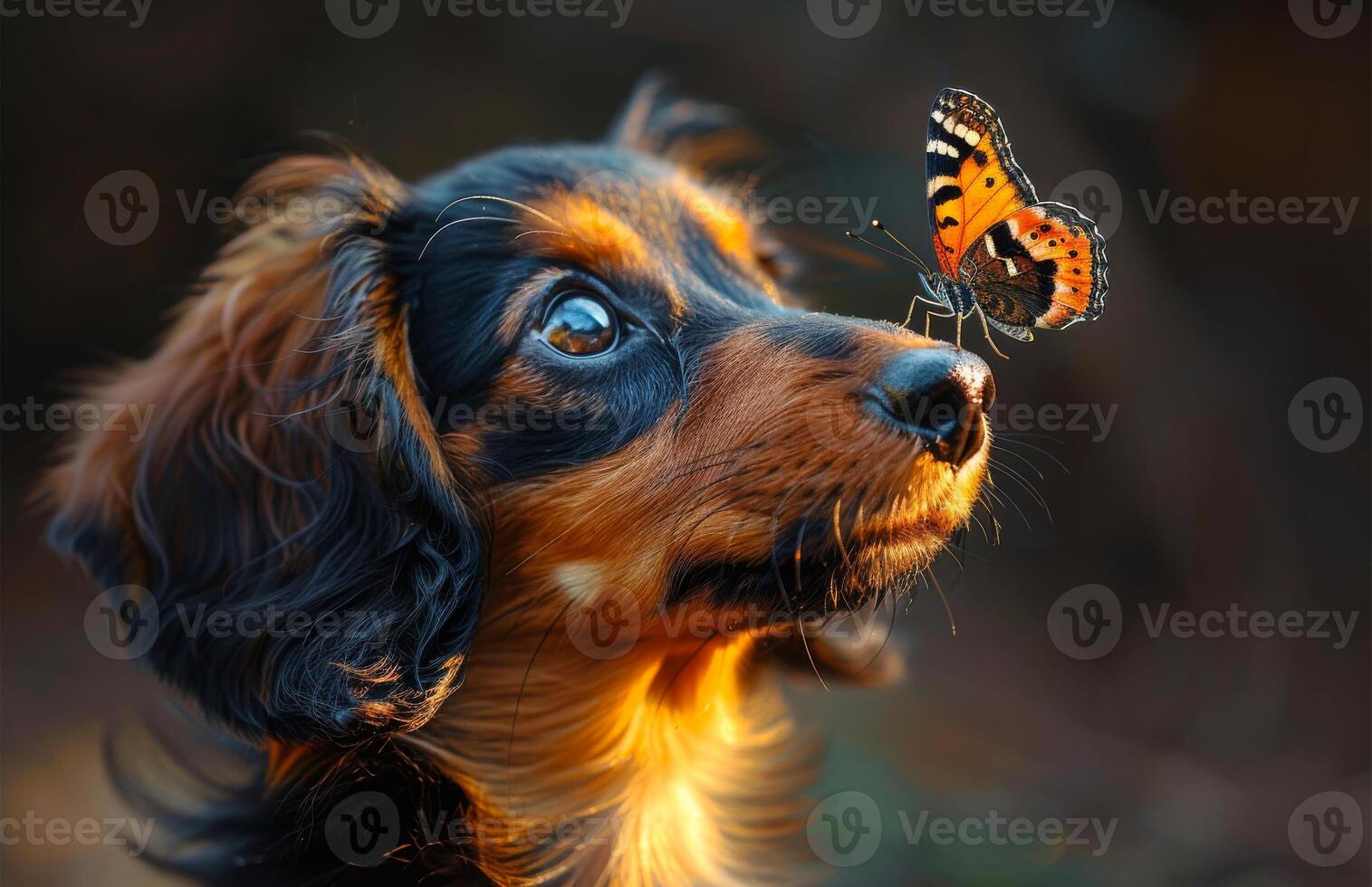 Dog and butterfly outdoors. A curious dog attentively watches a butterfly resting near its nose in a softly lit outdoor setting. photo