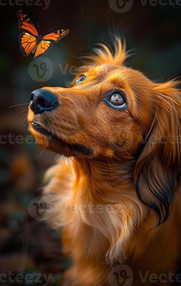 Dog admires butterfly in natural setting. A curious dog gazes up at a butterfly in a lush outdoor environment during golden hour. photo