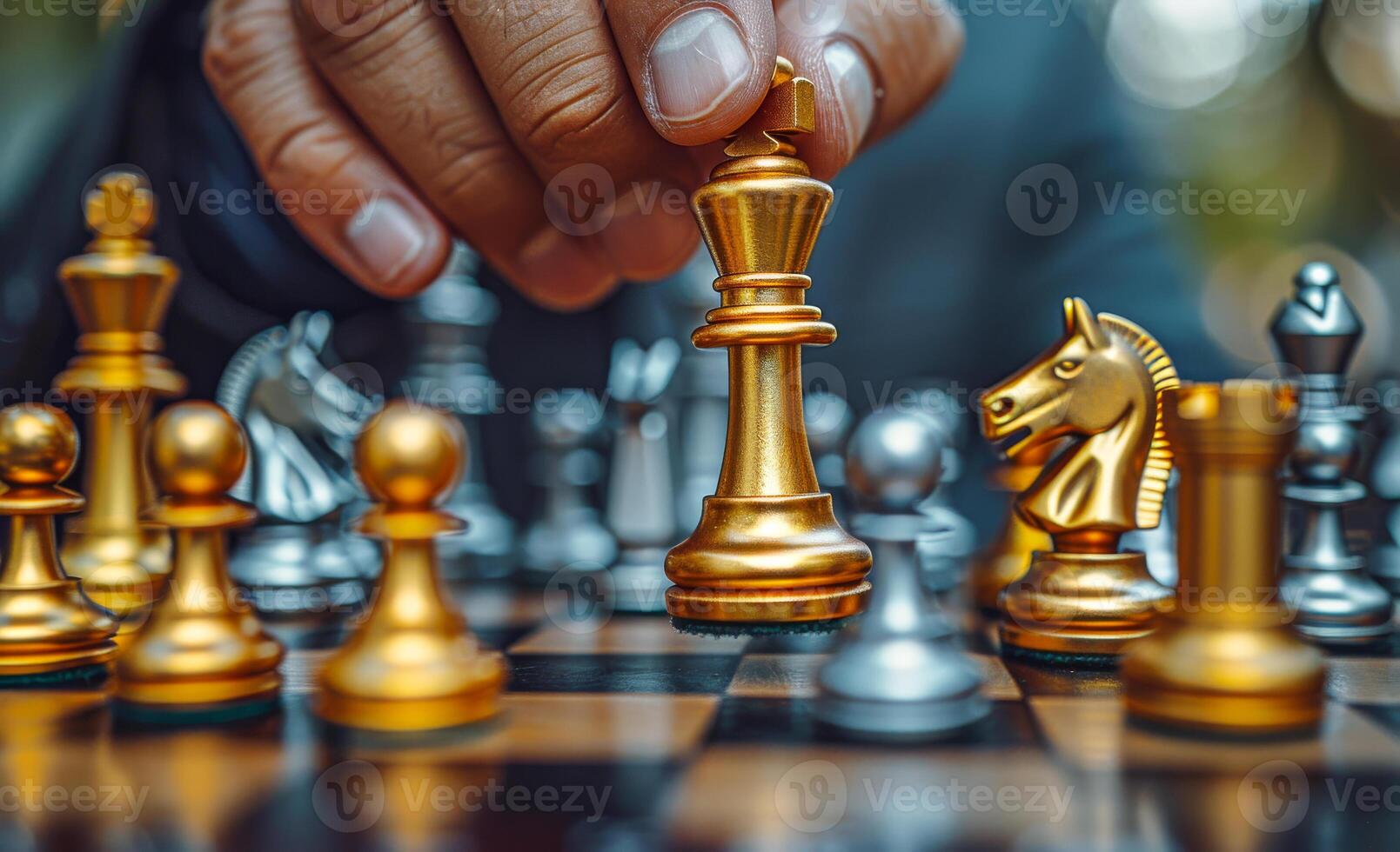Chess game in progress during afternoon. A hand moves the golden king piece on a chessboard surrounded by various pieces in a park during the afternoon. photo