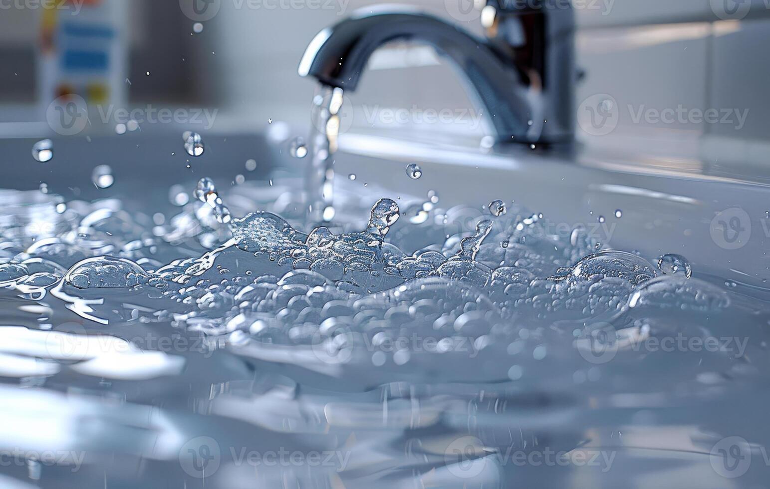 Sink water bubbling. A close-up view of water bubbling in a sink as the faucet flows, creating a peaceful atmosphere in a kitchen. photo