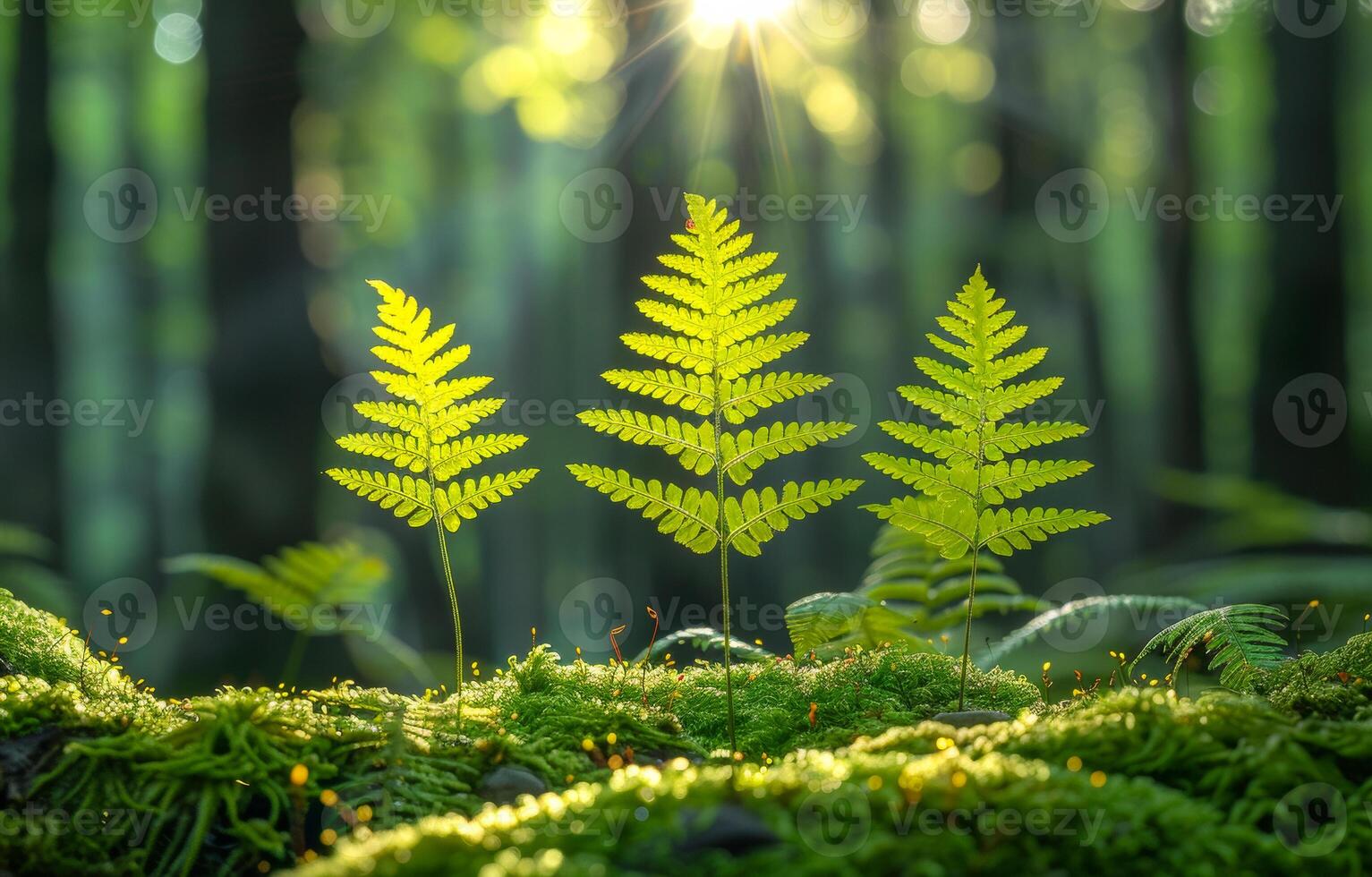 Bright ferns in a sunlit forest setting. Ferns stand tall on moss in a tranquil forest, illuminated by soft sunlight filtering through the trees. photo