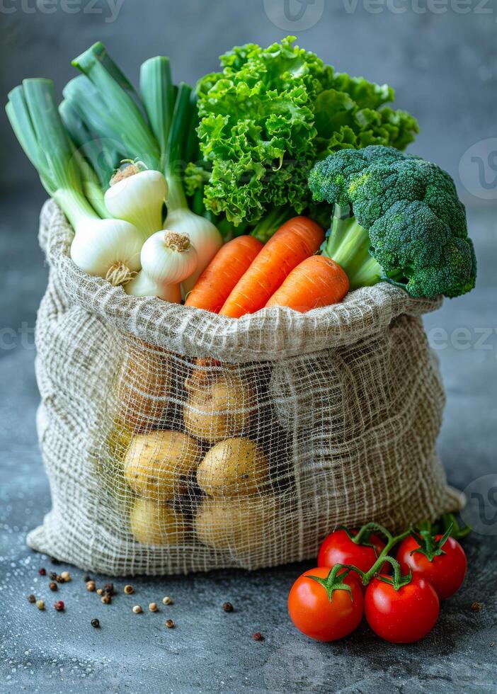 Fresh vegetables in a burlap bag. A burlap sack filled with a variety of fresh vegetables including carrots, broccoli, and greens, ready for cooking. photo