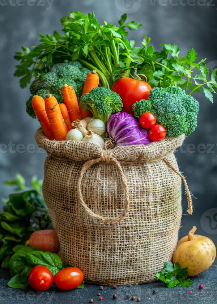 Fresh vegetables in a burlap sack. A burlap sack brimming with colorful veggies like carrots, tomatoes, and broccoli from a farmers market. photo