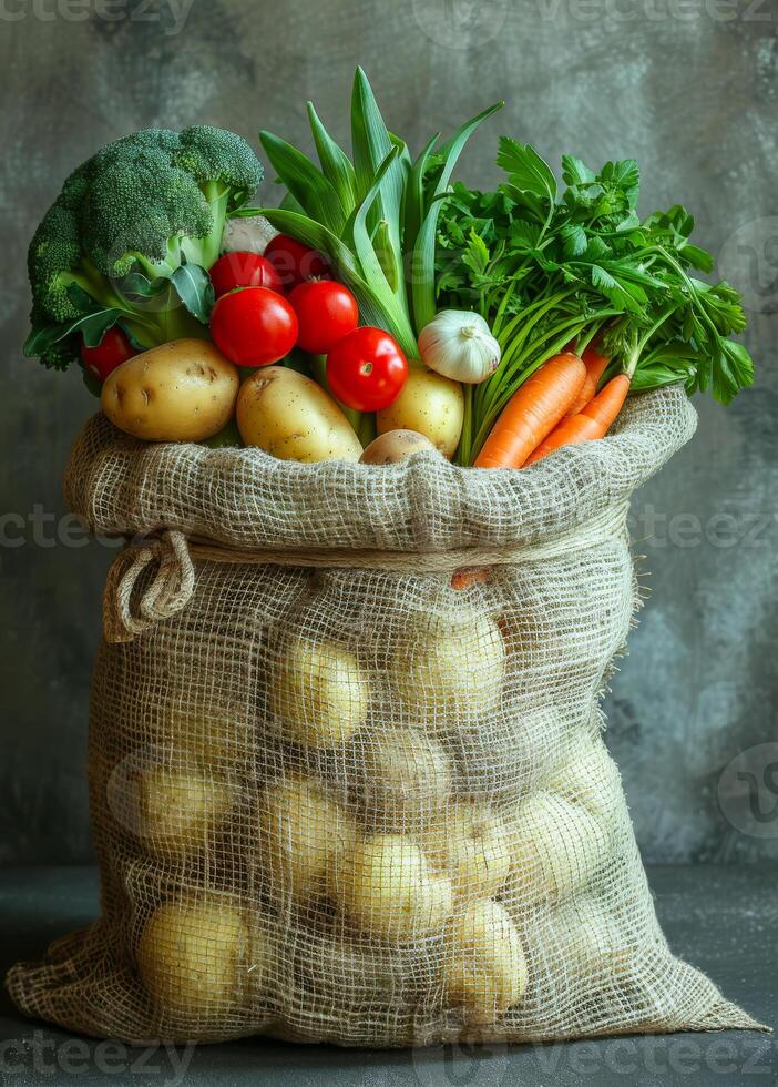 Fresh vegetables and potatoes in a bag. A burlap sack filled with fresh potatoes and a variety of vibrant vegetables, showcasing a healthy harvest. photo